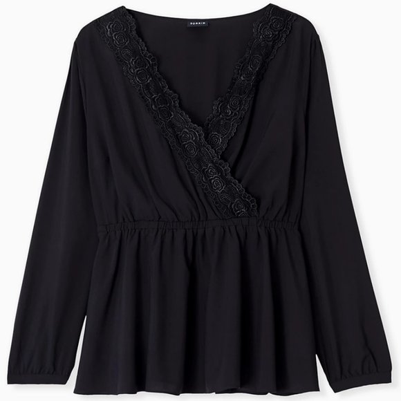TORRID black lace trim babydoll blouse v neck - Picture 4 of 13
